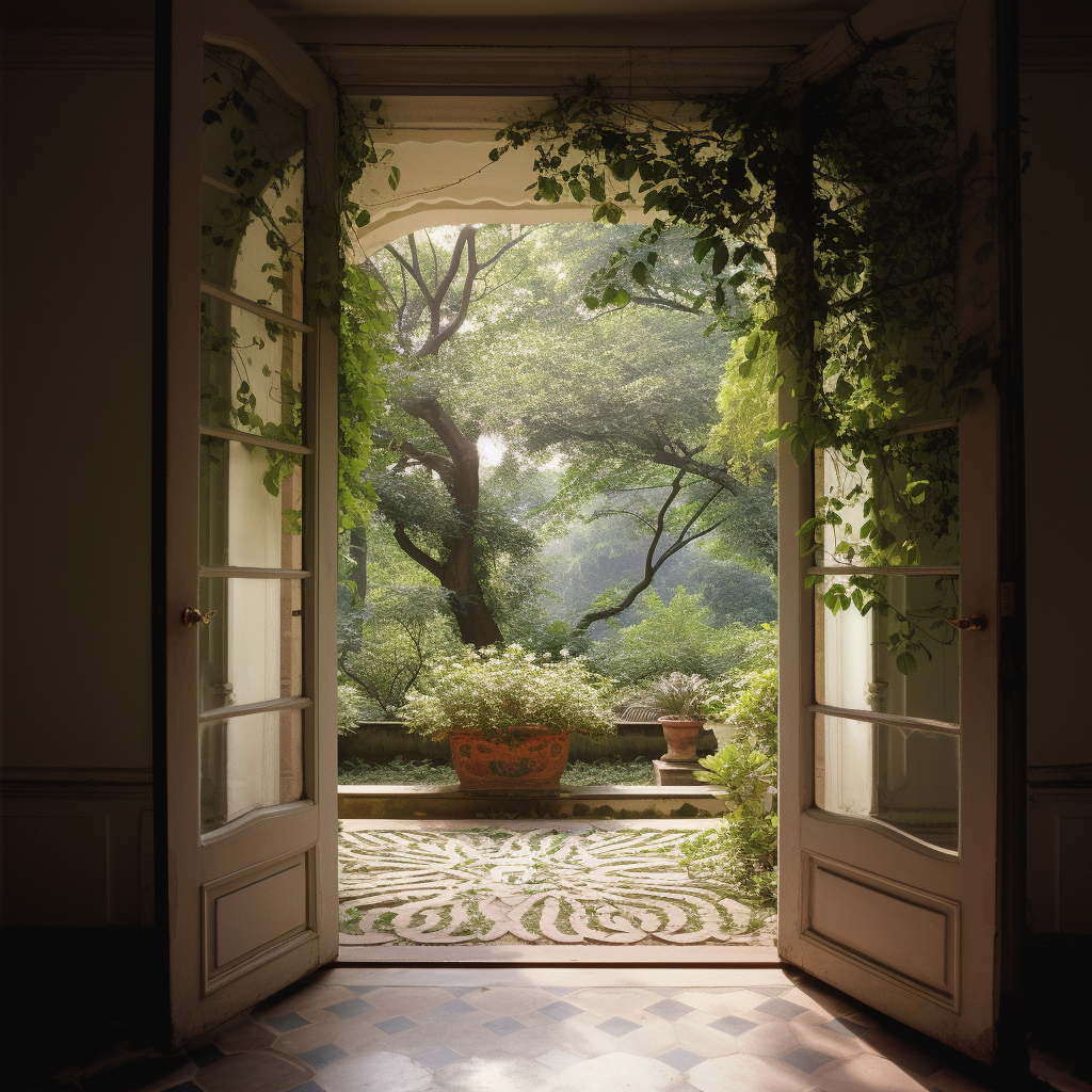 Double doors opening up into a lush green garden with lots of trees in Bangladesh