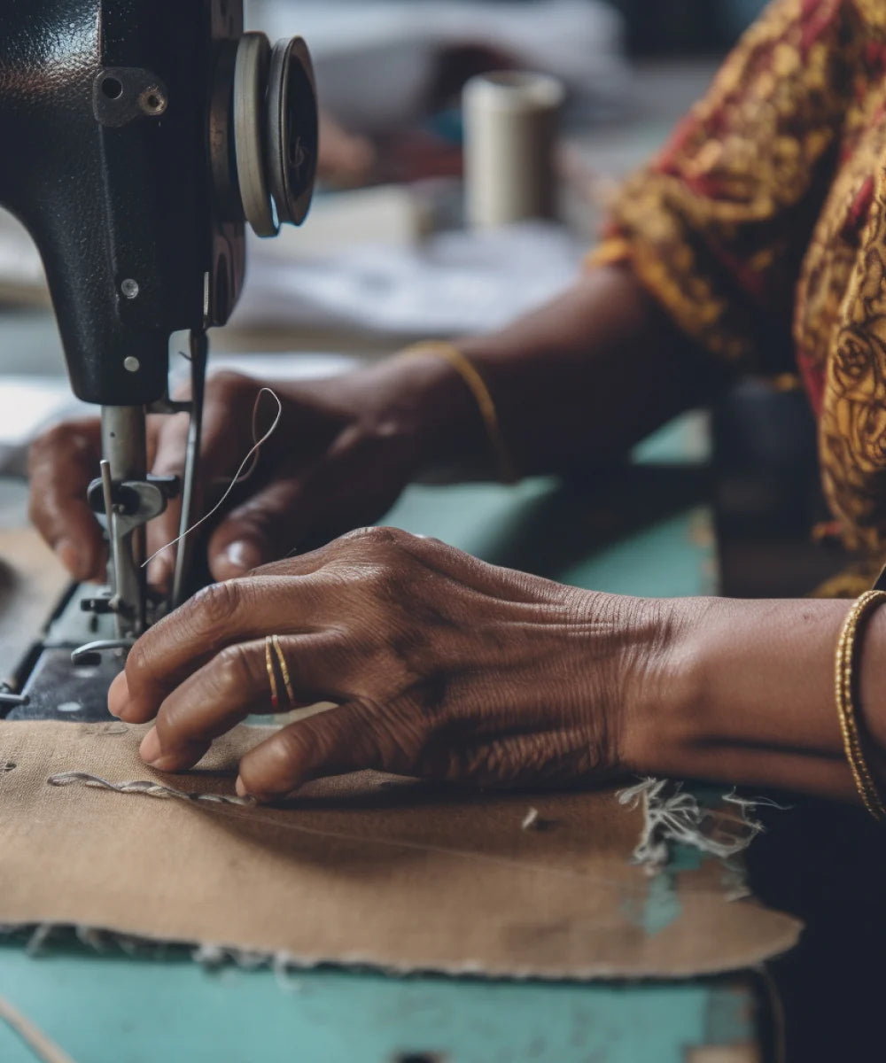 Close up of Bengali woman's hands sewing with a sewing matching