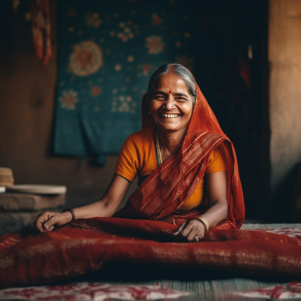 Bengali female artisan smiling at camera, holding fabric material 