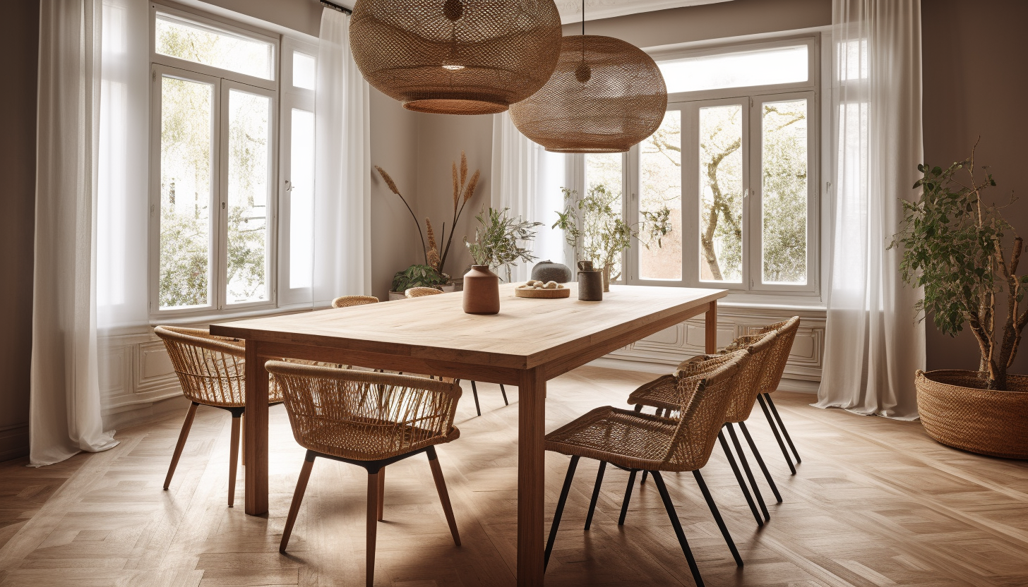 Dining room with light wooden furniture in a Scandinavian style