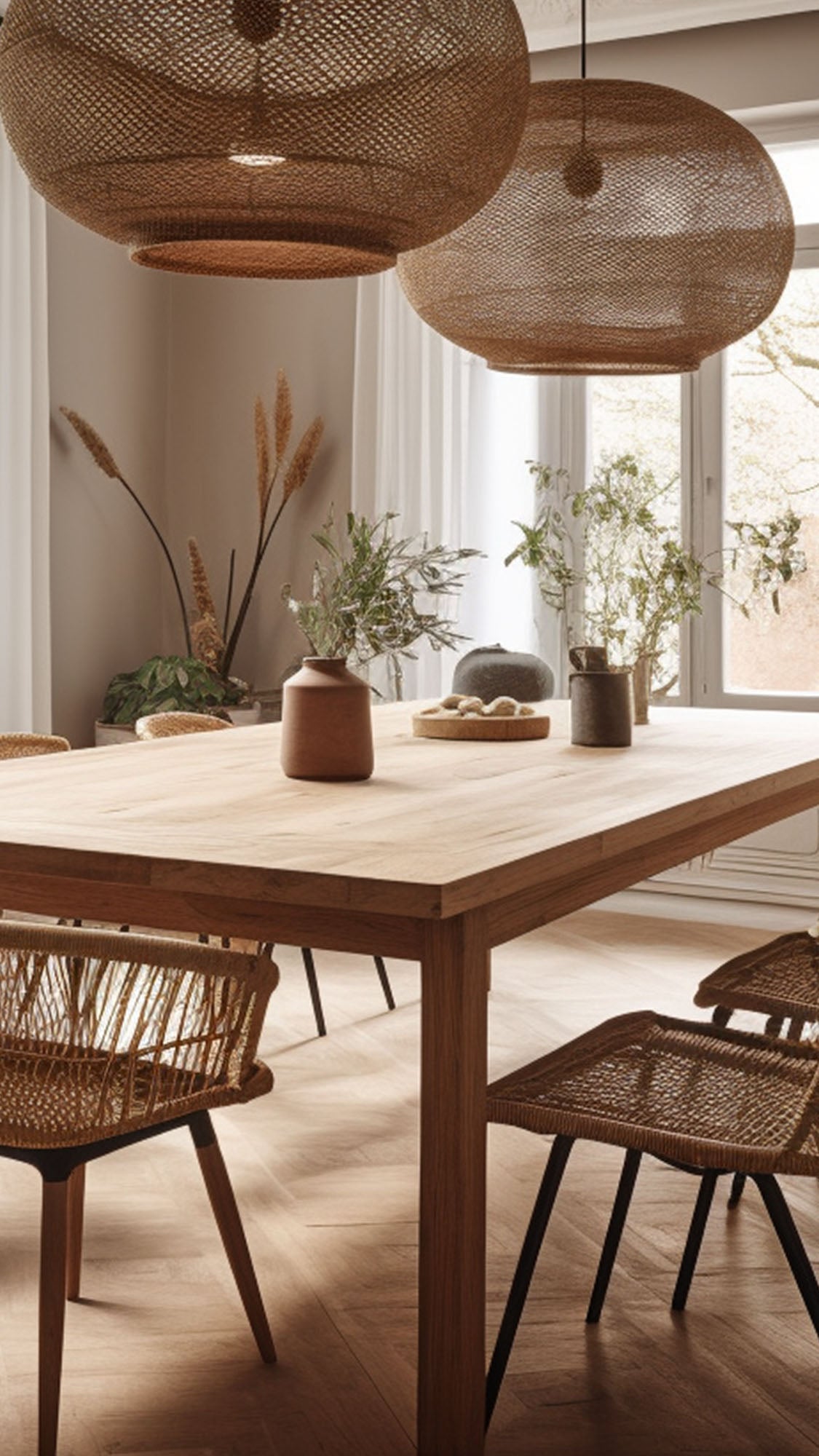 Dining room with light wooden furniture in a Scandinavian style