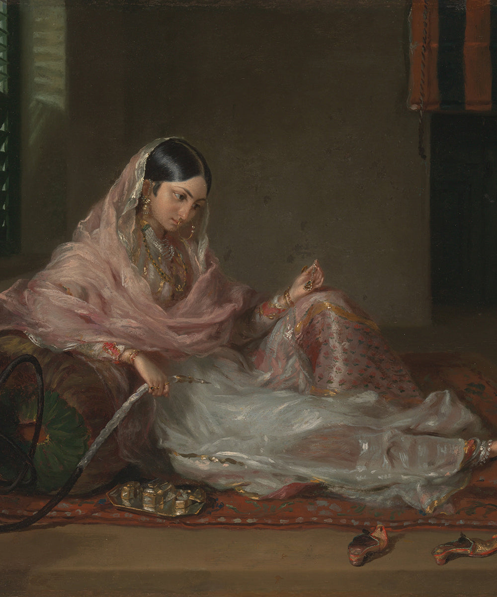 A painting, Muslim Lady Reclining, by Francesco Renaldi, of a muslim lady in Dhaka wearing muslin clothing