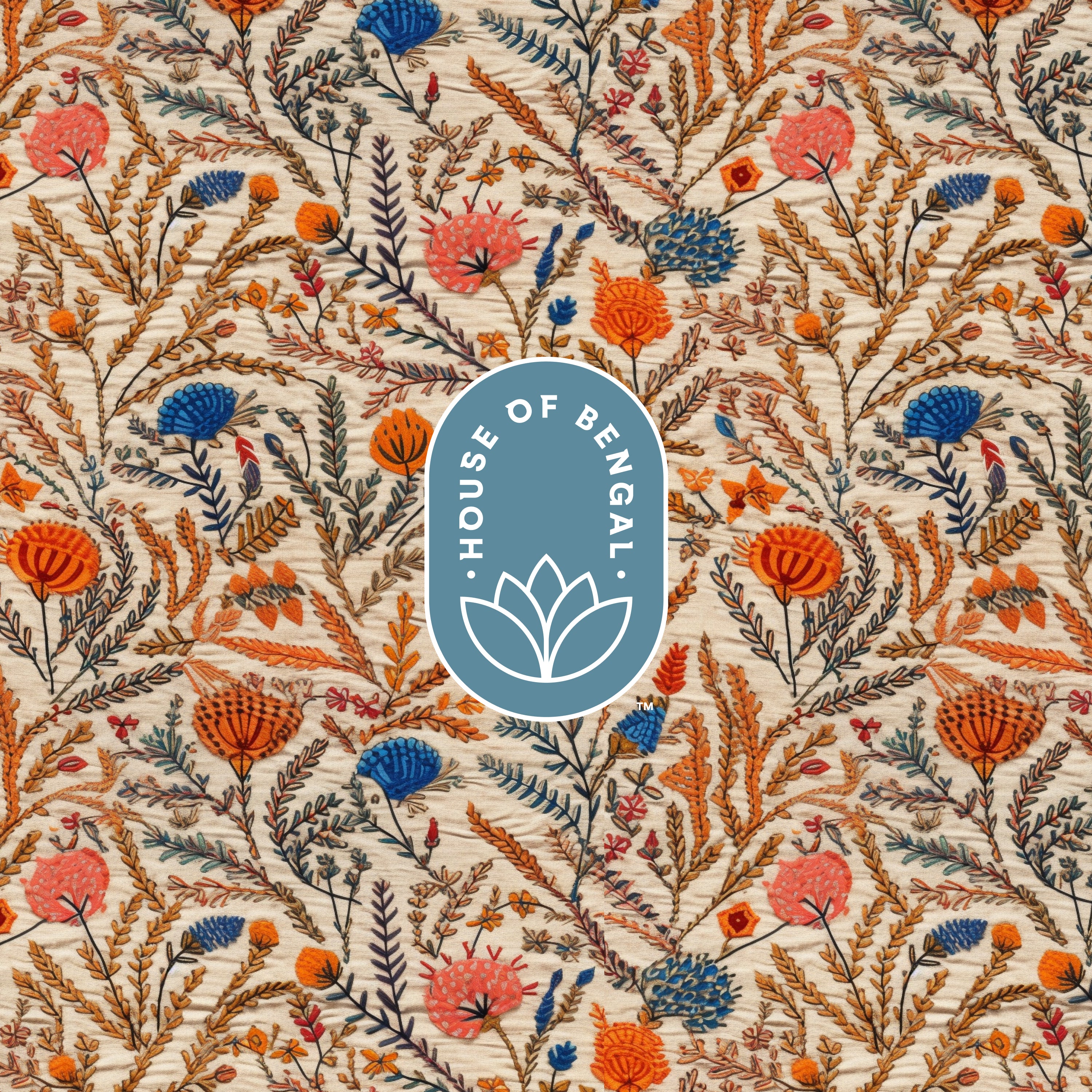 Embroidered Bengali textile pattern featuring stems, leaves and flowers in cream, orange, pink, blue, green